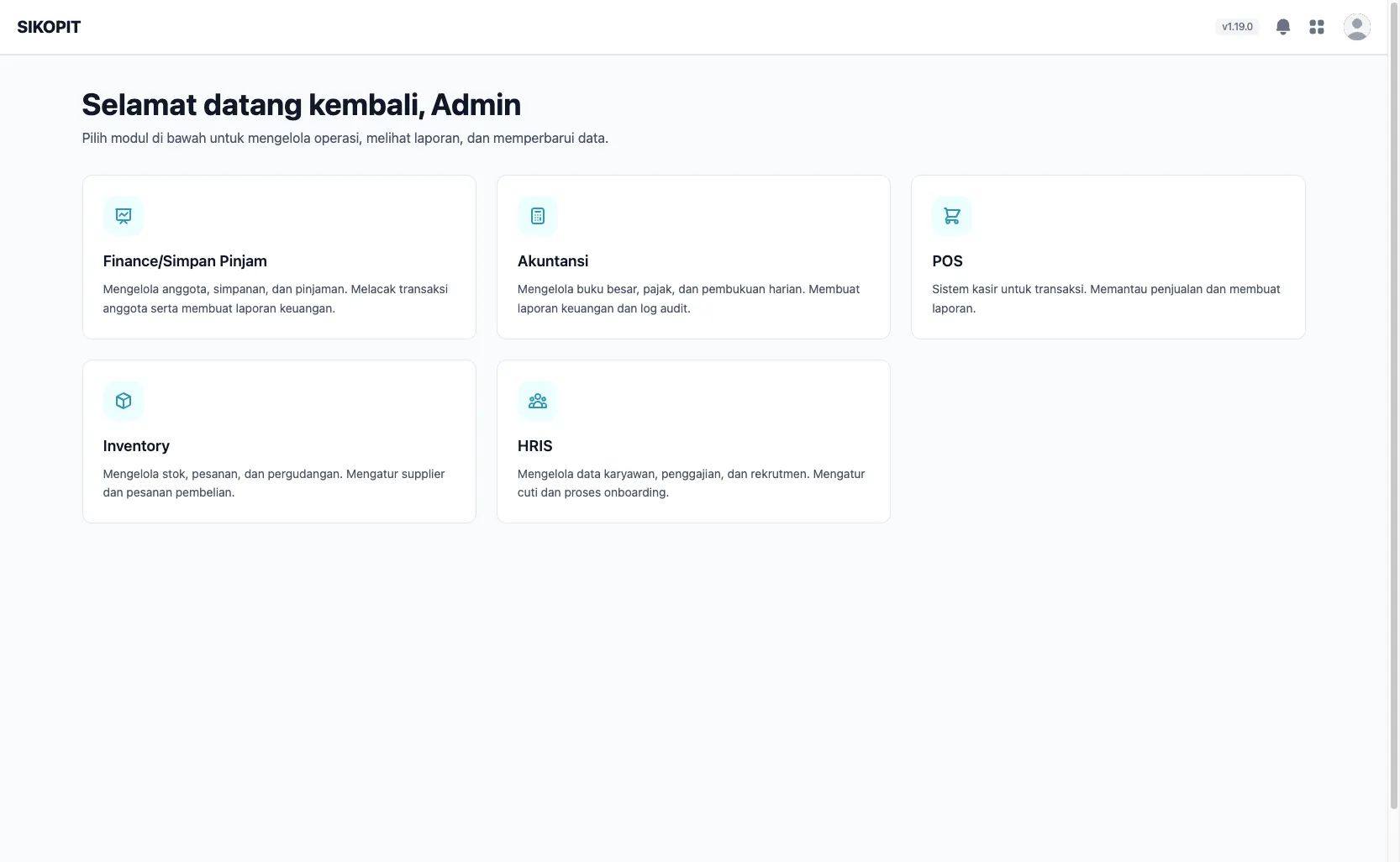 Layar beranda SIKOPIT dengan kartu modul